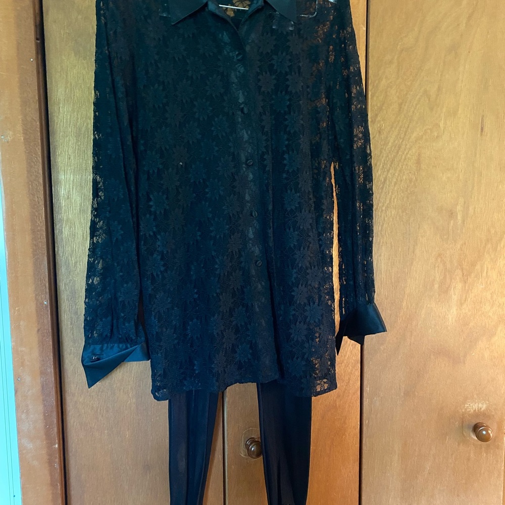 Liz Claiborne Black Lace Button Down Shirt with stirrup leggings.